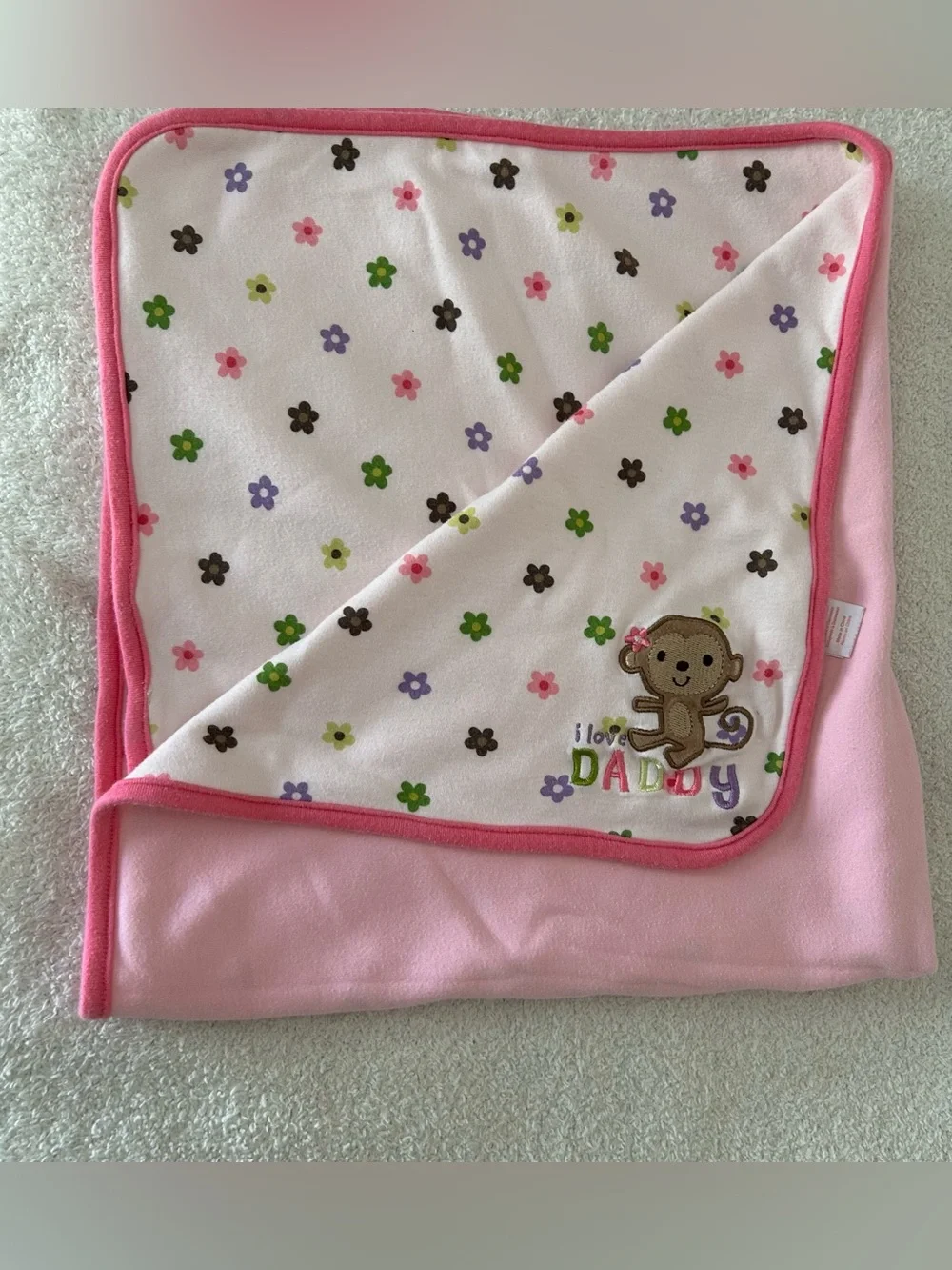Y2K child of mine by carters pink polka dot monkey 100% cotton blanket